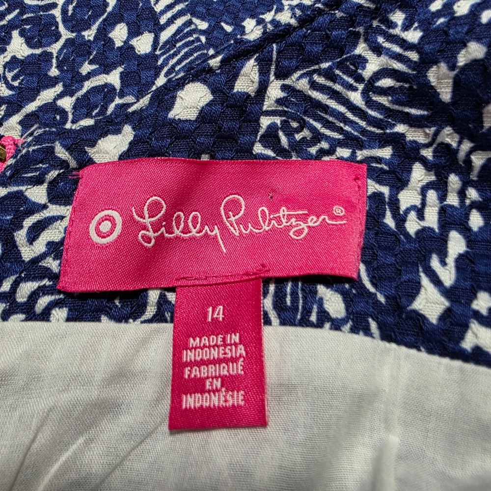 Lilly Pulitzer Shift Dress Women 8 Blue White Fish Print Crochet Lace Nautical - Picture 9 of 10